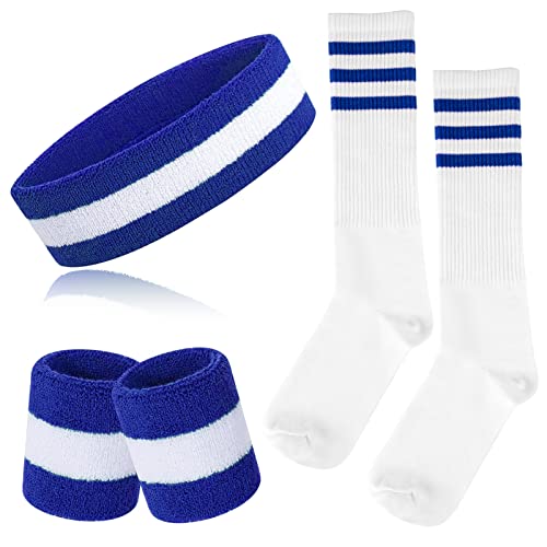 ONUPGO 5-teiliges gestreiftes Schweißband und Socken-Set, gestreiftes Stirnband, Schweißbänder, gestreifte hohe Socken für Männer, Frauen, Sport und 80er-Party (Blue/White/Blue) von ONUPGO