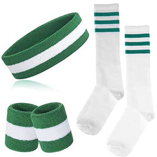 ONUPGO 5-teiliges gestreiftes Schweißband und Socken-Set, gestreiftes Stirnband, Schweißbänder, gestreifte hohe Socken für Männer, Frauen, Sport und 80er-Party (Green/White/Green) von ONUPGO