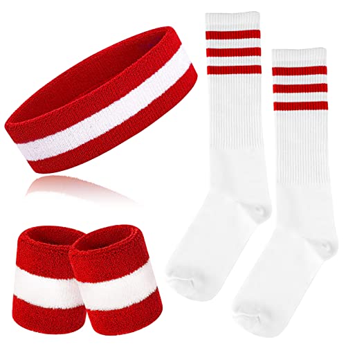 ONUPGO 5-teiliges gestreiftes Schweißband und Socken-Set, gestreiftes Stirnband, Schweißbänder, gestreifte hohe Socken für Männer, Frauen, Sport und 80er-Party (Red/White/Red) von ONUPGO