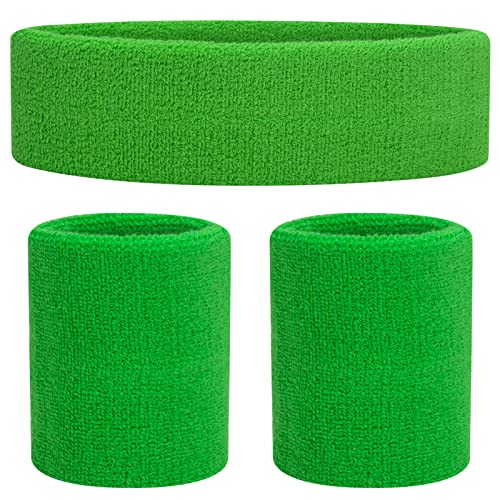 ONUPGO Schweißbänder Set Stirnband Armbänder Neon Sport Fitness 80er Kostüme Zubehör 80er Workout Outfit für Männer Frauen (Vivid Green 5055) von ONUPGO