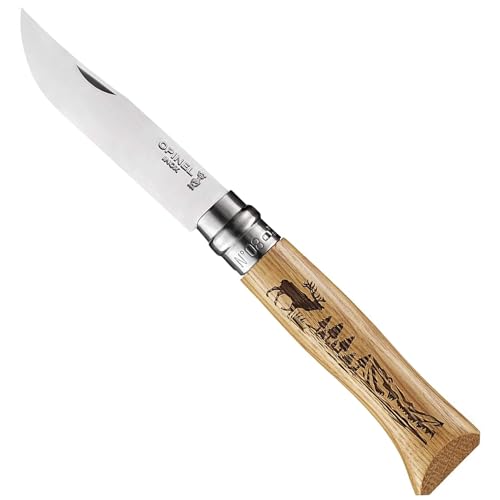 Opinel Messer - Größe 8 - Animalia - Motiv Hirsch - Sandvikstahl 12C27 - rostfrei - Eichenholz Griff, Braun von OPINEL