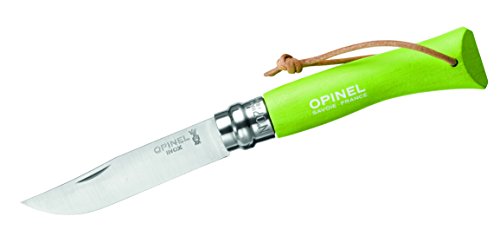 Opinel-Messer Nr. 7, 001442, rostfreier Sandvik-Stahl 12C27, grüner Buchenholzgriff, Lederriemen, Virobloc-System von OPINEL