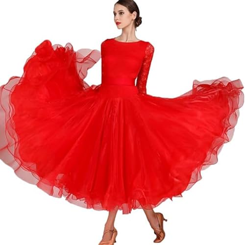 OPPOQ Damen Ballsaal-Wettbewerbskleider aus Spitze, Tango, Walzer, modernes Kostüm, nationaler Standard-Tanzanzug, Tanzkleid,Rot,XL OPPOQ Damen Ballsaal-Wettbewerbskleider aus Spitze, Tango, Walzer, modernes Kostüm, nationaler Standard-Tanzanzug, Tanzkleid,Rot,XL von OPPOQ