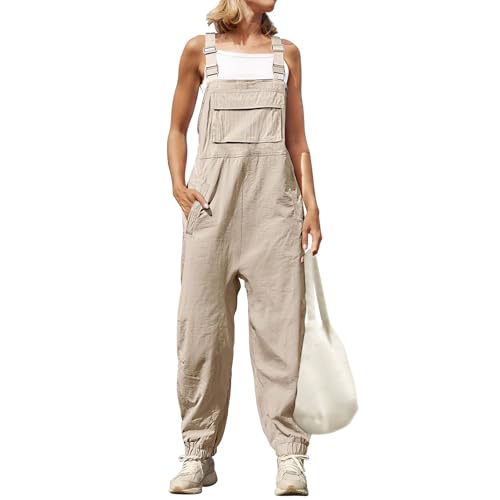 OPPOQ Denim -Lunghese der Frauen, Mode lässige Retro -Latzhose mit Weitbeintaschen, Retro ärmellose Overalls,Beige,XXL von OPPOQ