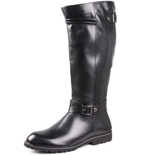 OPPOQ Kniehohe Lederstiefel für Herren, Reitstiefel, Bühnenaufführungsschuhe, weites Bein, mittlere Wade, Kopf, Langer, hoher Stiefel,Schwarz,45 von OPPOQ