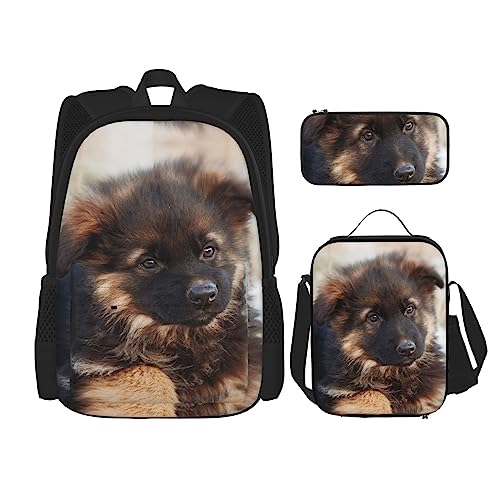 OPSREY Rucksack mit Motiv Deutscher Schäferhund, Welpenmotiv, großes Fassungsvermögen, Reise, Tagesrucksack mit Lunchtasche und Federmäppchen, 3-in-1, für Damen und Herren, Schwarz, Einheitsgröße, von OPSREY