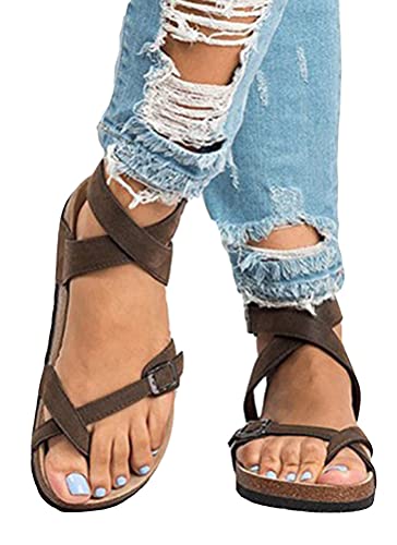 ORANDESIGNE Braun Runde Zehe Flache Cross Strap Fesselriemen Riemchen Zehentrenner Sommer Römer Hippie Sandalen Flache Damen Sommerstiefel 41 EU von ORANDESIGNE