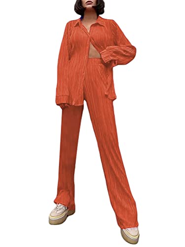 ORANDESIGNE Damen 2Pcs Trainingsanzug Langarm Button-Down-Hemd Elastische Taille Plissee Hose mit weitem Bein Set Streetwear Outfits A Orange M von ORANDESIGNE