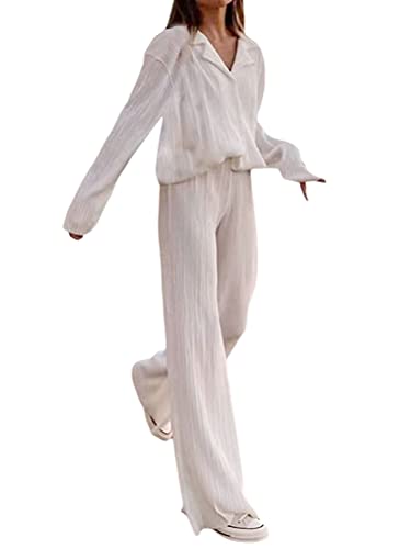 ORANDESIGNE Damen 2Pcs Trainingsanzug Langarm Button-Down-Hemd Elastische Taille Plissee Hose mit weitem Bein Set Streetwear Outfits A Weiß M von ORANDESIGNE