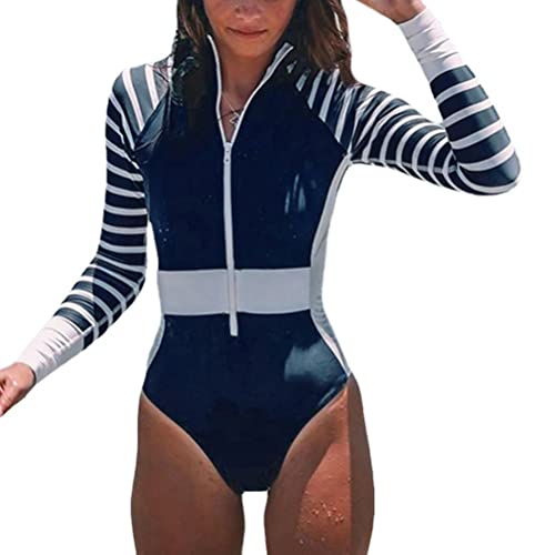 ORANDESIGNE Damen Badeanzug Blumenmuster Einteilige Bademode Monokinis Figurformende Einteiler Langarm Rashguard Wassersport Surf Schwimmanzug B Blau L von ORANDESIGNE