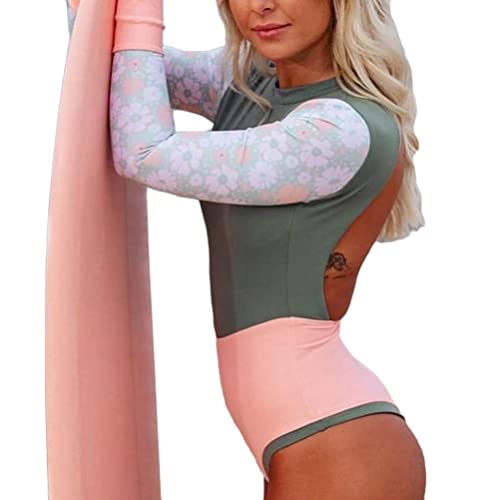 ORANDESIGNE Damen Badeanzug Blumenmuster Einteilige Bademode Monokinis Figurformende Einteiler Langarm Rashguard Wassersport Surf Schwimmanzug F Grün M von ORANDESIGNE