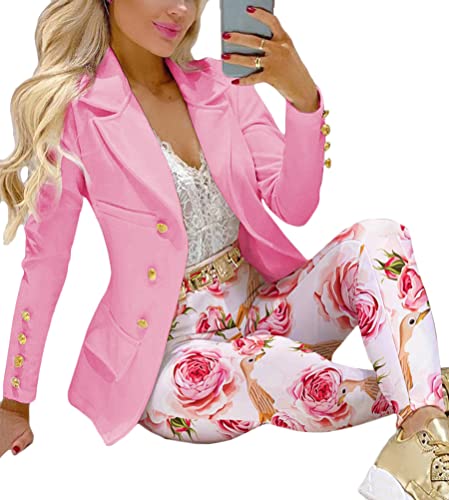 ORANDESIGNE Damen Elegant Zweiteilige Business Anzug Set Hosenanzug Blazer Hose 2-teilig Anzug Karo Einfarbig Zweiteiler Anzugjacke Hosenanzug Slimfit Streetwear A Rosa M von ORANDESIGNE