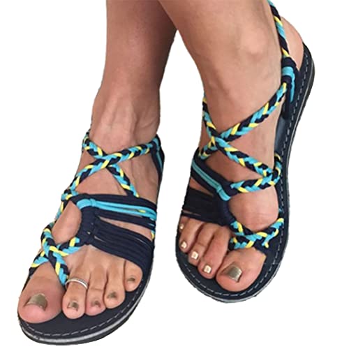 ORANDESIGNE Damen Geflochtene Sandalen Sommer Gladiator Schuhe Casual Flachen Flip Flops Strand Zehentrenner Sandalen 01 Blau 43 EU von ORANDESIGNE