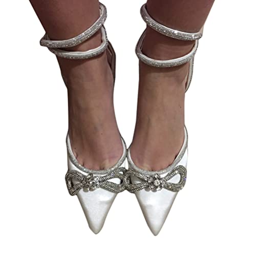 ORANDESIGNE Damen Hoher Absatz Sandalen Stiletto High Heel Kleid Pumps Spitze Zehe Knöchelriemen Mode Sexy Sandalen Strass Schleife Satin Braut Hochzeit Schuhe A Weiß 39 EU von ORANDESIGNE