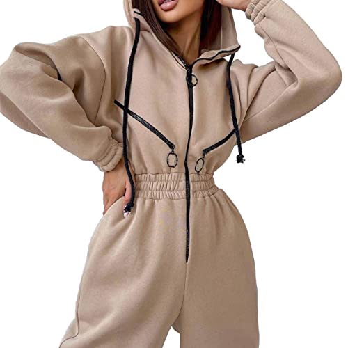 ORANDESIGNE Damen Jogginganzug Trainingsanzug mit Kapuze Sport Freizeit Jumpsuit Onesie Overall Freizeitanzug Overall Einteiler Strampler Ganzkörperanzug A Aprikose L von ORANDESIGNE