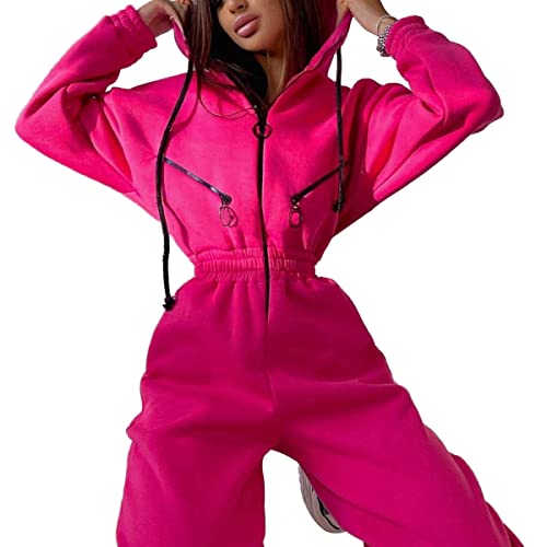 ORANDESIGNE Damen Jogginganzug Trainingsanzug mit Kapuze Sport Freizeit Jumpsuit Onesie Overall Freizeitanzug Overall Einteiler Strampler Ganzkörperanzug A Rose L von ORANDESIGNE