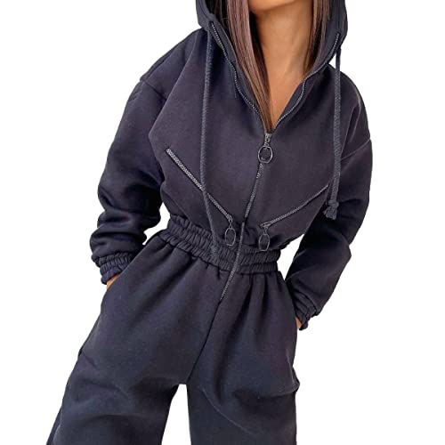 ORANDESIGNE Damen Jogginganzug Trainingsanzug mit Kapuze Sport Freizeit Jumpsuit Onesie Overall Freizeitanzug Overall Einteiler Strampler Ganzkörperanzug A Schwarz XL von ORANDESIGNE