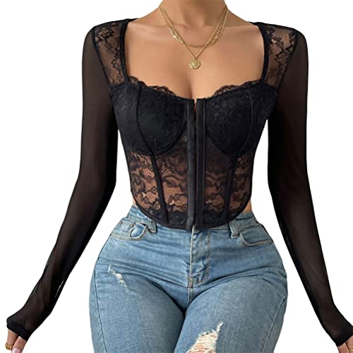 ORANDESIGNE Damen Langarm Spitze Top Bluse Shirt Leichtes Transparente Spitzenbluse Rundhals Tüll Mesh Bluse Durchsichtig Stickerei Blumen Spitze Oberteile P Schwarz S ORANDESIGNE Damen Langarm Spitze Top Bluse Shirt Leichtes Transparente Spitzenbluse Rundhals Tüll Mesh Bluse Durchsichtig Stickerei Blumen Spitze Oberteile P Schwarz S von ORANDESIGNE