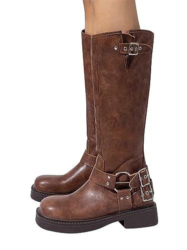 ORANDESIGNE Damen PU Leder Biker Stiefel mit Blockabsatz Mittlerer Wade Reitstiefel Retro Western Cowboy Stiefel Gürtel Schnalle Motro Stiefel Mode Ritterstiefel D Braun 43 EU ORANDESIGNE Damen PU Leder Biker Stiefel mit Blockabsatz Mittlerer Wade Reitstiefel Retro Western Cowboy Stiefel Gürtel Schnalle Motro Stiefel Mode Ritterstiefel D Braun 43 EU von ORANDESIGNE