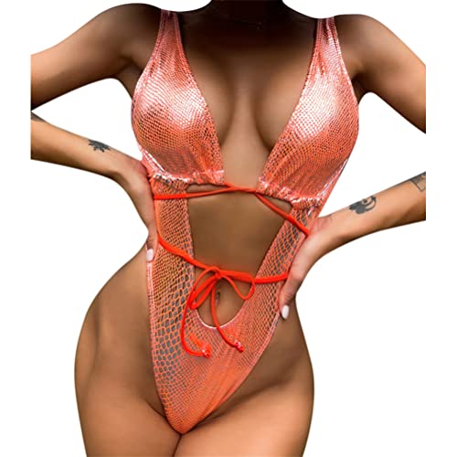 ORANDESIGNE Damen Rave Schlangenhaut Badeanzug Sexy Riemchen Rückenfrei Badeanzug Push-Up Mesh Spaghettiträger Badeanzüge One Piece Swimwear Bügel BH Einteilige Bademode A Orange M von ORANDESIGNE