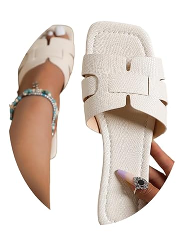 ORANDESIGNE Damen Slide Sandalen Frauen Slip-on Sommer Flache Sandalen PU-Leder Quadratische Zehe Sandalen Offene Zehe Formelle Urlaub Boho Slipper Schuhe A Weiß 38 EU von ORANDESIGNE