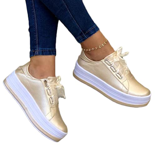 ORANDESIGNE Damen Sneakers Flache Low Sneaker Atmungsaktiv Turnschuhe Outdoor Sportschuhe Laufschuhe Schuhe Schnürsenkel Walkingschuhe A Gold 37 EU von ORANDESIGNE