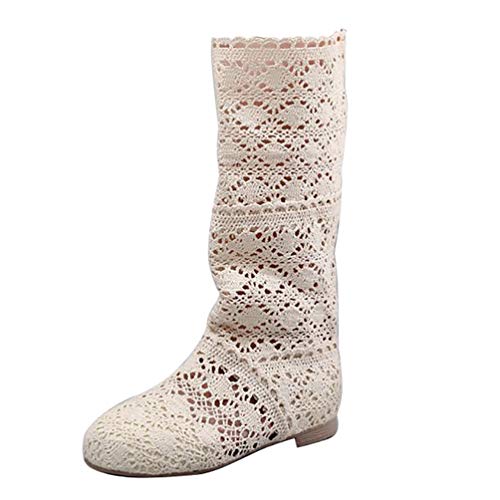 ORANDESIGNE Damen Sommer Stiefel Hohl Spitze Stiefeletten Flach Stickerei Hohe Stiefel Mesh Schlupfstiefel Beige EU 36 Beige 36 EU von ORANDESIGNE