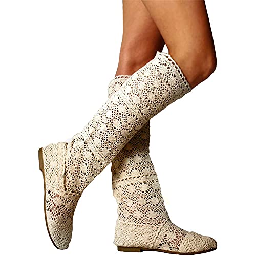 ORANDESIGNE Damen Sommer Stiefel Stiefeletten Flach Stickerei Hohe Stiefel, Sexy Mesh Schlupfstiefel, Slip-On Schuhe Boots A Beige 39 EU von ORANDESIGNE