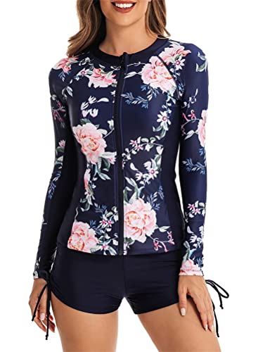 ORANDESIGNE Damen Zweiteilig Badeanzug Rash Guard UV-Schutzfaktor Langarm Badeshirt mit Hot Pants Boyshort Bottom Sportlich Bademode Strandkleidung A Dunkelblau XXL ORANDESIGNE Damen Zweiteilig Badeanzug Rash Guard UV-Schutzfaktor Langarm Badeshirt mit Hot Pants Boyshort Bottom Sportlich Bademode Strandkleidung A Dunkelblau XXL von ORANDESIGNE