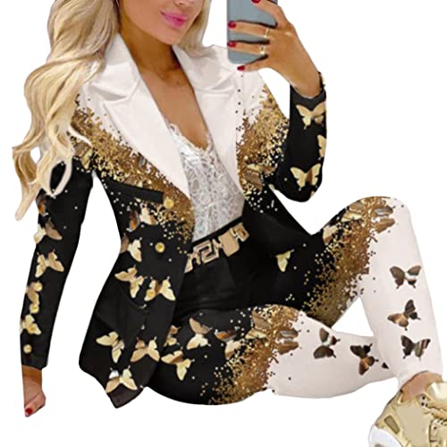 ORANDESIGNE Damen Zweiteiliger Anzug Set Revers Business Büro Einfarbig Blazer Langarm Anzugjacke Hosenanzug Slim Fit Shorts 2 Stück Anzugsets A Apricot Schwarz S von ORANDESIGNE