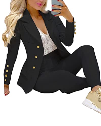 ORANDESIGNE Damen Zweiteiliger Anzug Set Revers Business Büro Einfarbig Blazer Langarm Anzugjacke Hosenanzug Slim Fit Shorts 2 Stück Anzugsets B Schwarz XXL von ORANDESIGNE