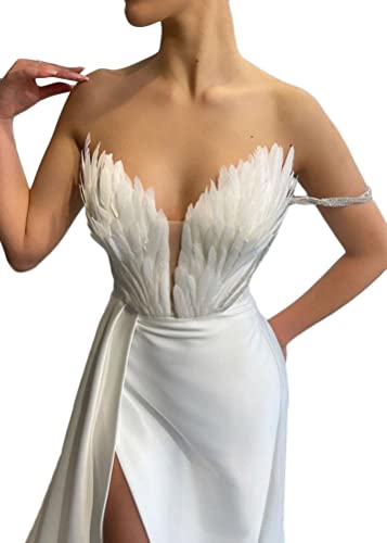 ORANDESIGNE Federn Abendkleid Damen Elegant A-Linie Backless Hochzeitskleid Abendkleider Sexy Cocktailkleid Brautkleid Bodenlanges Kleider Brautjungfer Kleid Maxikleider mit Schlitz A Weiß XS von ORANDESIGNE