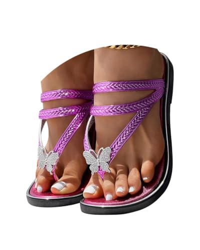 ORANDESIGNE Glitzer Sandalen Damen Flip Flops Zehentrenner Strass Sandalen Sommer Freizeit Bohemian Strand Flach Zehentrenner Sommerschuhe F Violett 38 EU von ORANDESIGNE