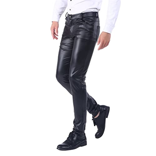 ORANDESIGNE Herren Slim Fit Soft PU Faux Leder Biker Hose Lederhosen wasserdichte Lederhose Weich Motorradhose Business Kunstleder Hosen Warme Winter Fleecehose A Schwarz M von ORANDESIGNE