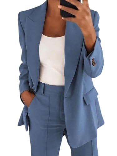 ORANDESIGNE Hosenanzug Damen Elegant Business Anzug Set 2-teilig Blazer Hose Outfit Freizeitanzug Mode Revers Langer Blazer und Lang Hosen Tracksuit Einfarbig Streetwear A Blau M von ORANDESIGNE