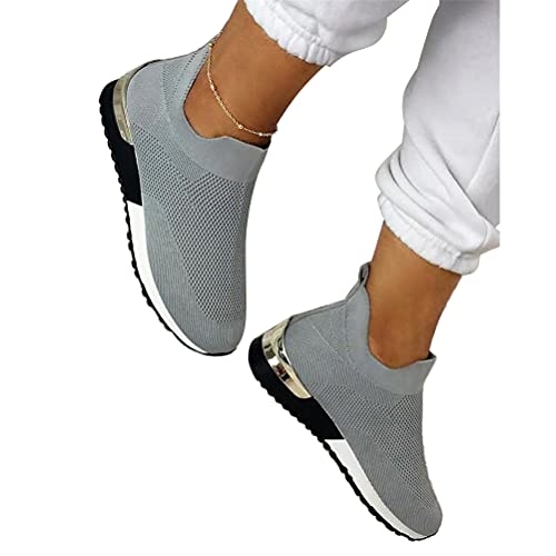 ORANDESIGNE Mesh Sneaker Damen Slip On Canvas Flache Schuhe Elegant Frauen Beiläufige Sportschuhe Weiss Schwarz Atmungsaktive Schuhen Sommer Herbst Turnschuhe Laufschuhe B Grau 37 EU von ORANDESIGNE