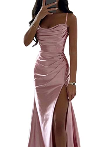 ORANDESIGNE Satin Abendkleid Damen Spaghettiträger Maxikleid Fischschwanzkleider Elegant Lange A-Linie Backless Cocktailkleider Sexy Lang Brautjungfer Kleid Partykleid mit Schlitz (A Rosa, S) von ORANDESIGNE