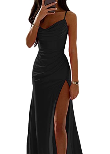 ORANDESIGNE Satin Abendkleid Damen Spaghettiträger Midikleid Fischschwanzkleider Elegant Lange A-Linie Backless Cocktailkleider Sexy Lang Brautjungfer Kleid Partykleid mit Schlitz A Schwarz XL von ORANDESIGNE