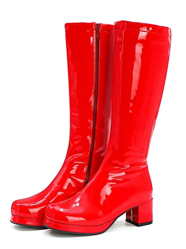 ORANDESIGNE Stiefel aus Lackleder Damen Lederstiefel Kalbsstiefel Lange Stiefel Langschaftstiefel Kniehoch Stiefel Blockabsatz Runde Zehenstiefel Sexy Zip Herbst Winter B Rot 43 EU von ORANDESIGNE