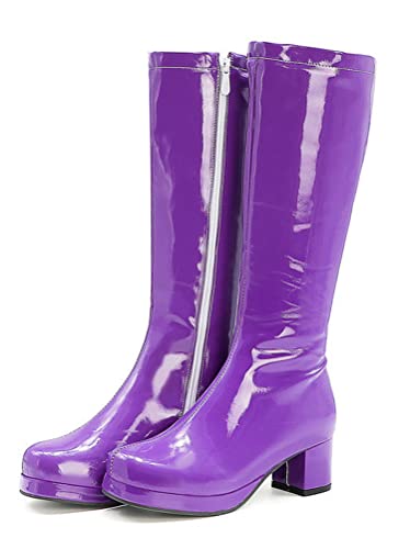 ORANDESIGNE Stiefel aus Lackleder Damen Lederstiefel Kalbsstiefel Lange Stiefel Langschaftstiefel Kniehoch Stiefel Blockabsatz Runde Zehenstiefel Sexy Zip Herbst Winter B Violett 42 EU von ORANDESIGNE