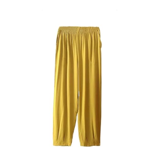 ORDOBO Damen Pyjamahose - Hohe Taille Einfarbig Koreanischer Stil Große Größe Frühling Sommer Weich Leicht Mit Tasche Baumwollkleidung Gelb XL (60–70 Kg) von ORDOBO