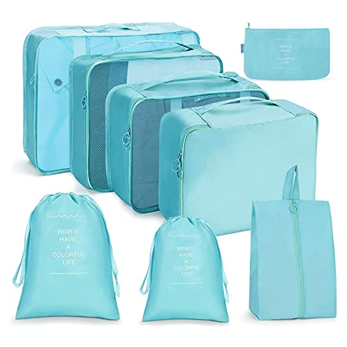 OSDUE Koffer Organizer Set 8-teilig, Packing Cubes, Wasserdichte Reise Kleidertaschen, Packtaschen für koffer, Verpackungswürfel mit Schuhbeutel, USB Kabel Tasche (Himmelblau) von OSDUE