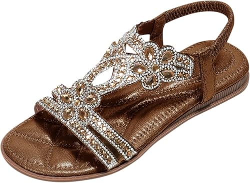 OSRDFV Flache Sandalen mit breiter Passform für Damen, Keilsandalen, lässig, glitzernd, Strass, Riemen, offene Zehen, Slide-Sandalen, Strand, elegante Sandalen, Sommer von OSRDFV