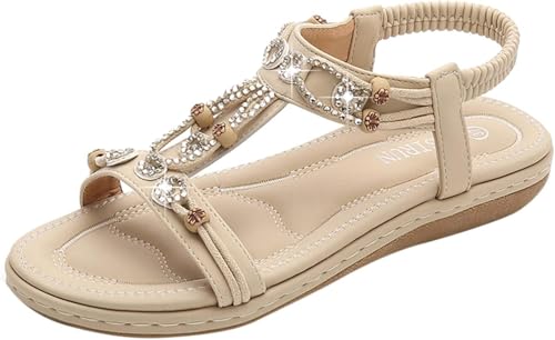 OSRDFV Flache Sandalen mit breiter Passform für Damen, Keilsandalen, lässig, glitzernd, Strass, Riemen, offene Zehen, Slide-Sandalen, Strand, elegante Sandalen, Sommer von OSRDFV