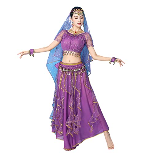 OTMYIGO 5 teiliges Set Bollywood Kostüm Set Frauen Indisches Tanzkleid Sari Bauchtanz Outfit Performance Kleidung Chiffon Kleid,Lila,XXL OTMYIGO 5 teiliges Set Bollywood Kostüm Set Frauen Indisches Tanzkleid Sari Bauchtanz Outfit Performance Kleidung Chiffon Kleid,Lila,XXL von OTMYIGO