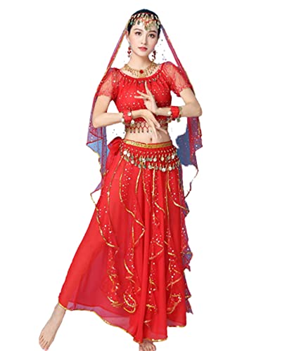 OTMYIGO 5 teiliges Set Bollywood Kostüm Set Frauen Indisches Tanzkleid Sari Bauchtanz Outfit Performance Kleidung Chiffon Kleid,Rot,XXL OTMYIGO 5 teiliges Set Bollywood Kostüm Set Frauen Indisches Tanzkleid Sari Bauchtanz Outfit Performance Kleidung Chiffon Kleid,Rot,XXL von OTMYIGO