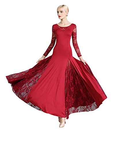 OTMYIGO Ballsaal-Tanzkleid aus Spitze für Damen mit Langen Ärmeln Walzer Tango-Tanzkleider Standard-Ballsaalkleid,Wine red,L von OTMYIGO