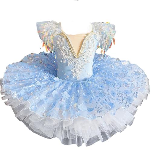 OTMYIGO Blau,150, Mädchen Ballettkostüm mit Pailletten, Schwanensee-Tutu-Kleid, Leibchen, Ballerina, Tanzbekleidung, Gymnastik-Tanzanzug, Wettkampf-Party-Outfit von OTMYIGO