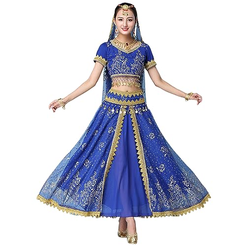 OTMYIGO Bollywood Kleid Erwachsene Kostüm Frauen Indischer Tanz Set Bauchtanz Sari Kleidung Tanz Performance Kleidung Chiffon Rock Set,Blau,XL OTMYIGO Bollywood Kleid Erwachsene Kostüm Frauen Indischer Tanz Set Bauchtanz Sari Kleidung Tanz Performance Kleidung Chiffon Rock Set,Blau,XL von OTMYIGO