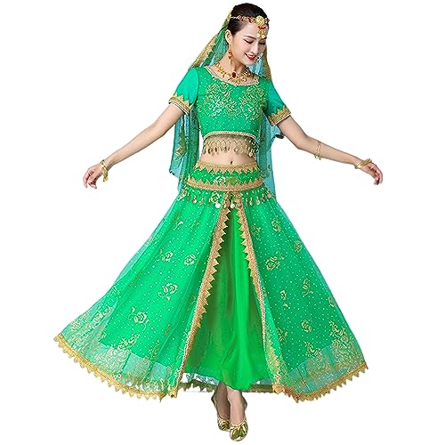 OTMYIGO Bollywood Kleid Erwachsene Kostüm Frauen Indischer Tanz Set Bauchtanz Sari Kleidung Tanz Performance Kleidung Chiffon Rock Set,Grün,XL OTMYIGO Bollywood Kleid Erwachsene Kostüm Frauen Indischer Tanz Set Bauchtanz Sari Kleidung Tanz Performance Kleidung Chiffon Rock Set,Grün,XL von OTMYIGO
